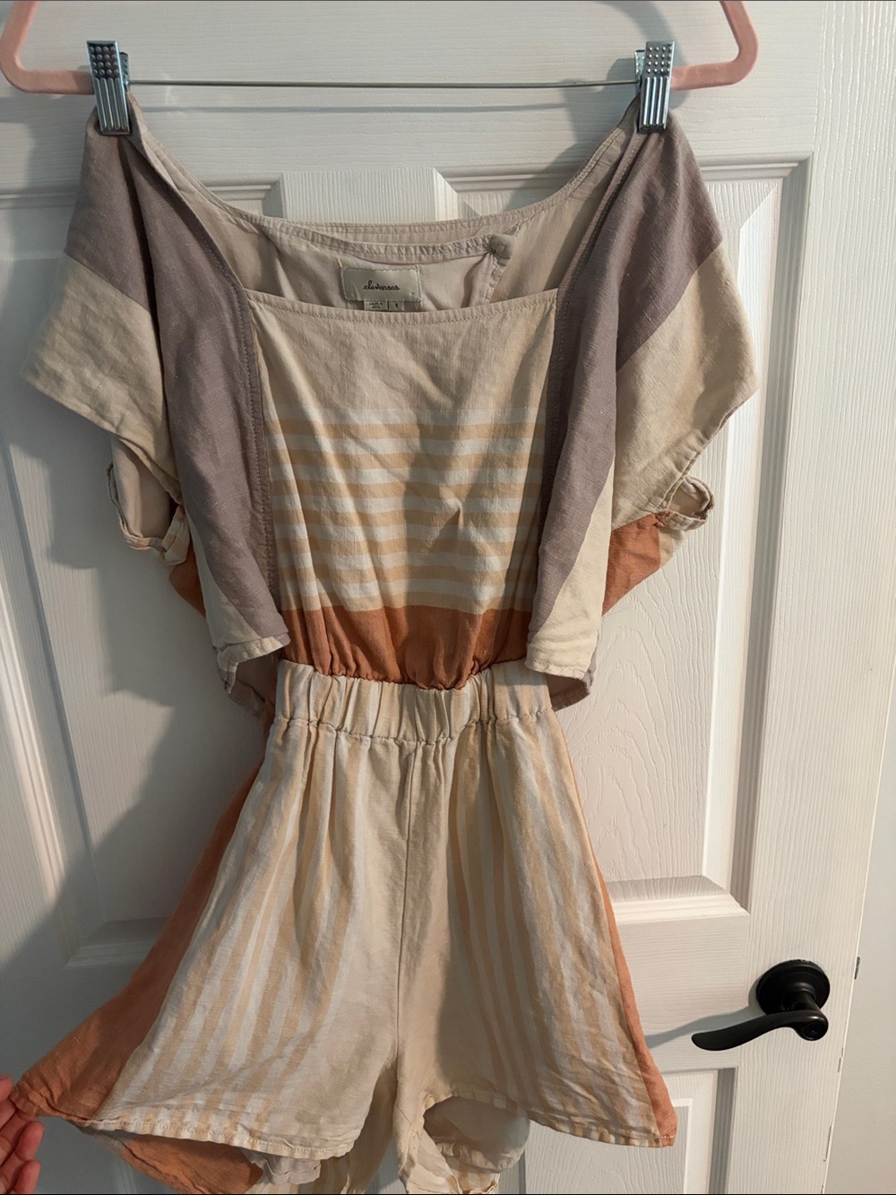 elevenses Cream, Tan & Orange Colorblocked Striped Romper